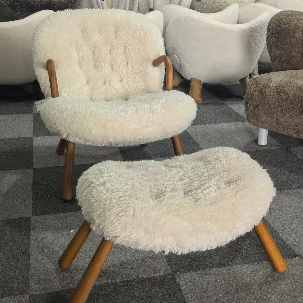 Arctander Clam Chair & Matching Ottoman | Kaelisys Design Mid-Century Modern Sherpa Lounge Set