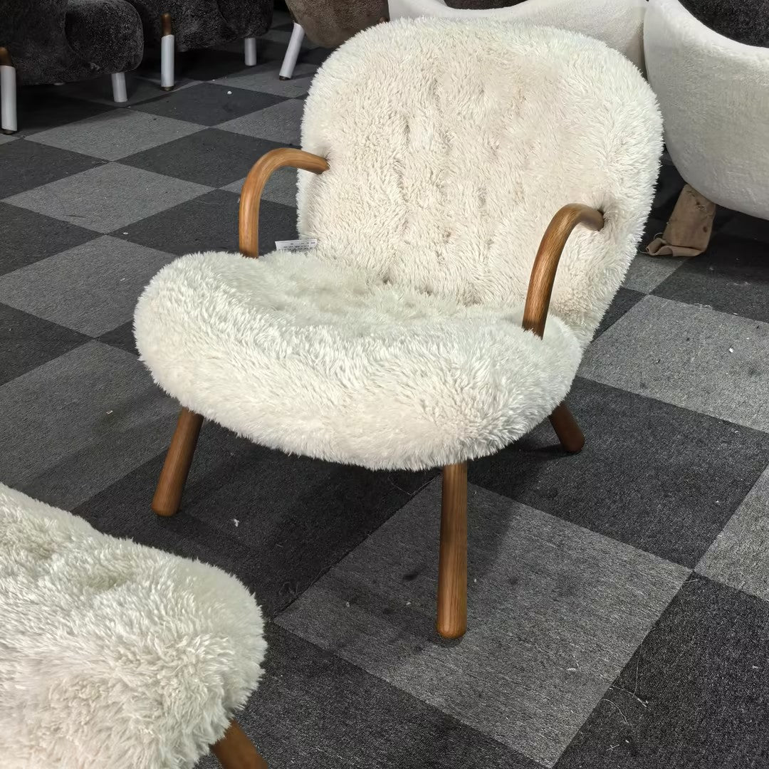 Arctander Clam Chair & Matching Ottoman | Kaelisys Design Mid-Century Modern Sherpa Lounge Set