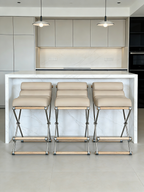 '- Mid-Century Modern Bar Stool with Wrought Iron Frame & Premium Leather Upholstery