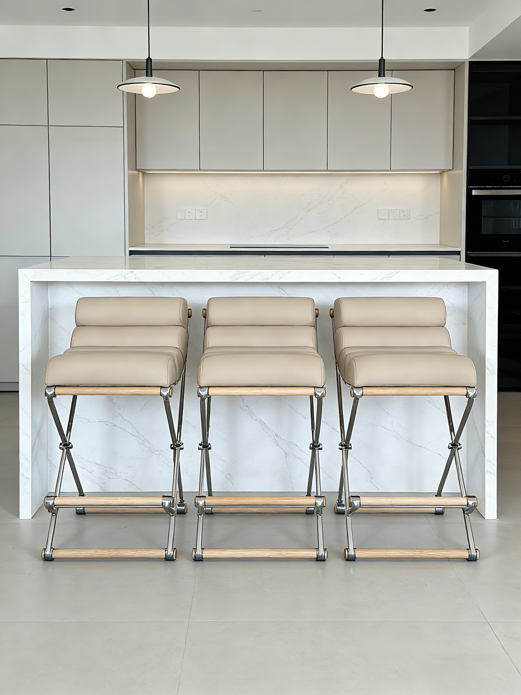 '- Mid-Century Modern Bar Stool with Wrought Iron Frame & Premium Leather Upholstery